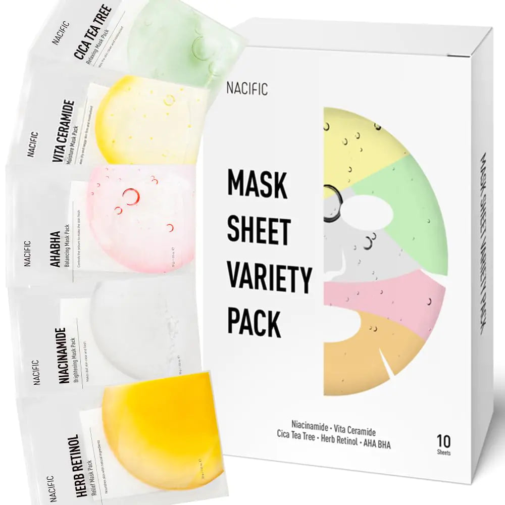 KOSBEAUTY NACIFIC Premium 10-Sheet Facial Mask Skincare Korean Variety Pack for Ultimate Skin Nourishment - Hyaluronic Acid Ceramide and Vitamin-Infused for All Skin Type